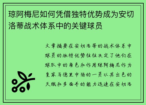 琼阿梅尼如何凭借独特优势成为安切洛蒂战术体系中的关键球员