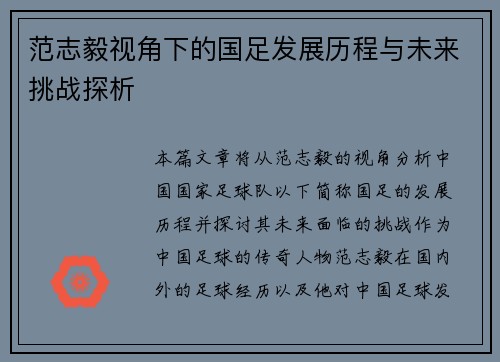 范志毅视角下的国足发展历程与未来挑战探析